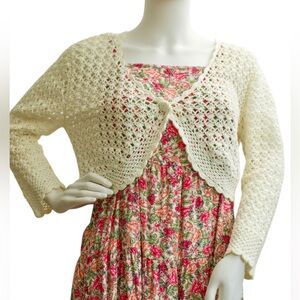 Dress Barn Elegant Crochet Pattern Cream Women's Knit One Button Shrug Sz Large